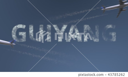 Flying airplanes trails and Guiyang caption. Traveling to China conceptual 3D rendering Flying airplanes trails and Guiyang caption. Traveling to China conceptual 3D rendering 43785262