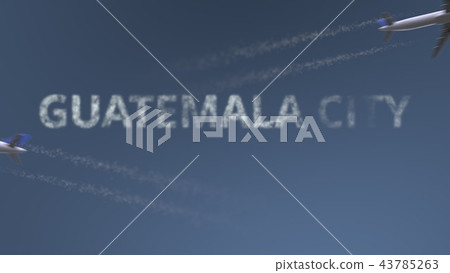 Flying airplanes trails and Guatemala City caption. Traveling to Guatemala conceptual 3D rendering 43785263