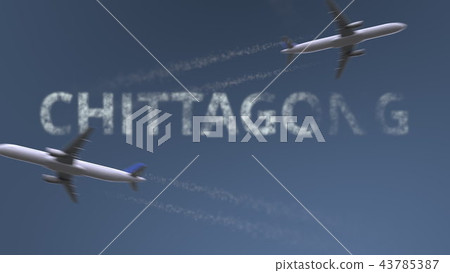 Flying airplanes trails and Chittagong caption. Traveling to Bangladesh conceptual 3D rendering Flying airplanes trails and Chittagong caption. Traveling to Bangladesh conceptual 3D rendering 43785387