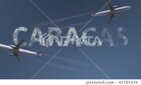 Flying airplanes trails and Caracas caption. Traveling to Venezuela conceptual 3D rendering Flying airplanes trails and Caracas caption. Traveling to Venezuela conceptual 3D rendering 43785439
