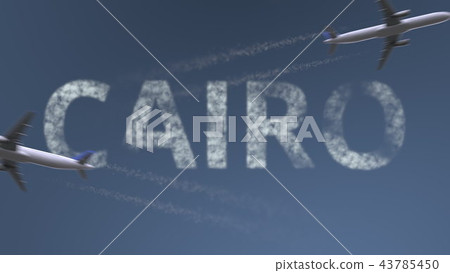 Flying airplanes trails and Cairo caption. Traveling to Egypt conceptual 3D rendering 43785450