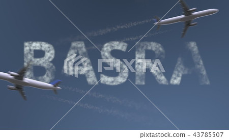Flying airplanes trails and Basra caption. Traveling to Iraq conceptual 3D rendering Flying airplanes trails and Basra caption. Traveling to Iraq conceptual 3D rendering 43785507