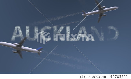 Flying airplanes trails and Auckland caption. Traveling to New Zealand conceptual 3D rendering 43785531