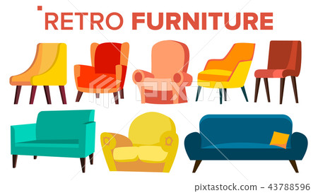 Retro Furniture Vector. Vintage 1950s, 1960s Armchair Sofa. Mid Century Interior. Isolated Cartoon 43788596