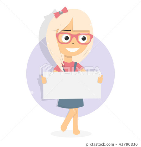 Girl and white blank board. Cartoon character. 43790830
