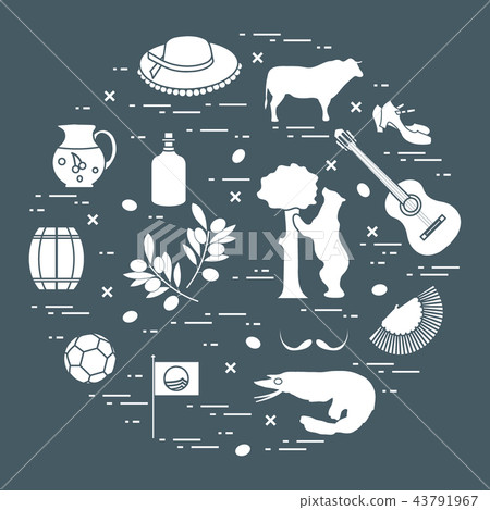 various symbols of Spain arranged in a circle 43791967