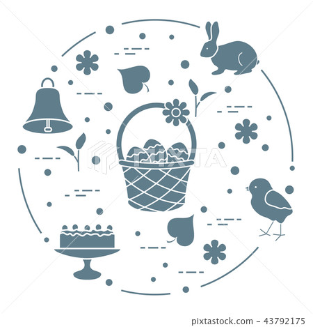 Easter Simnel cake, basket, eggs, bell, chick. 43792175