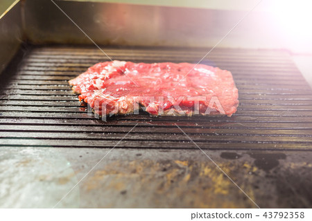 Food and cooking concept - Close up of a steak on grill Food and cooking concept - Close up of a steak on grill 43792358