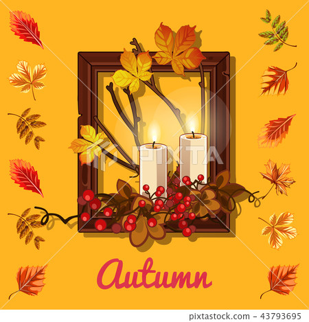Stylish poster on the theme of golden autumn. Composition of dry twigs and yellowed leaves of the 43793695