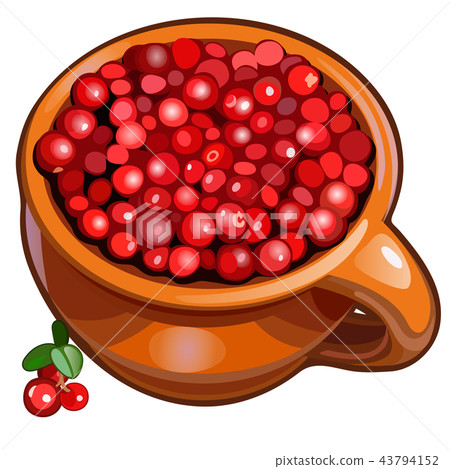 Brown ceramic mug filled with fresh red ripe cranberries or cowberries isolated on a white Brown ceramic mug filled with fresh red ripe cranberries or cowberries isolated on a white 43794152