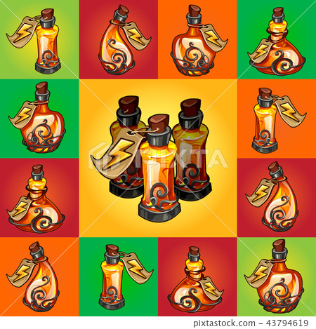 Set of magic potions, perfume or essential oil in glass flasks isolated on multicolored background 43794619