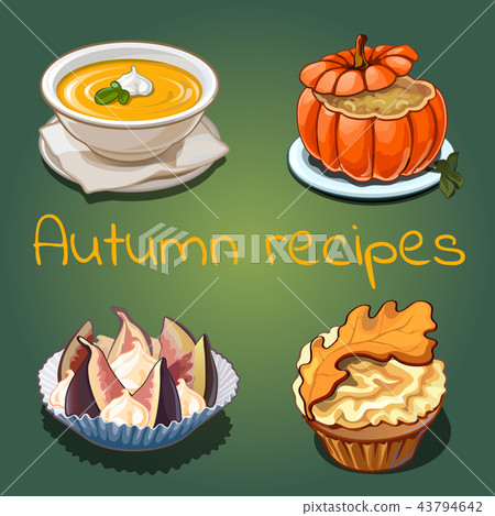 Set of dishes and food on the theme of autumn isolated on green background. Vector cartoon close-up 43794642