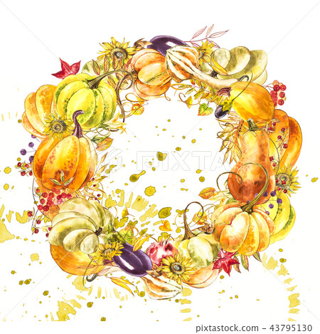 Autumn leaves and pumpkins wreath with space text on white background. Seasonal floral maple oak Autumn leaves and pumpkins wreath with space text on white background. Seasonal floral maple oak 43795130