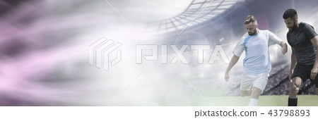 Soccer players on grass with stadium and football 43798893
