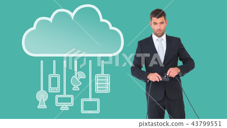 Composite image of business man with digital cloud and cables Composite image of business man with digital cloud and cables 43799551