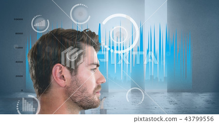 Composite image of side view of man with statistical graphs and digital images Composite image of side view of man with statistical graphs and digital images 43799556