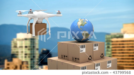 Drone flying by city with delivery parcel boxes and world globe Drone flying by city with delivery parcel boxes and world globe 43799568