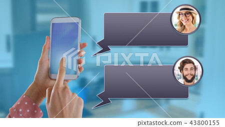 Phone in hand with chat profiles Phone in hand with chat profiles 43800155