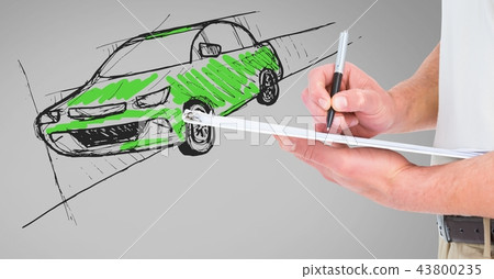 Sketch of car and hand drawing on pad Sketch of car and hand drawing on pad 43800235