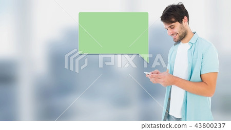 Man using phone with bright background and chat bubble Man using phone with bright background and chat bubble 43800237