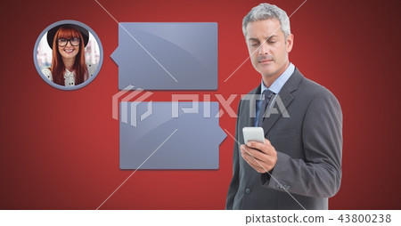 Man using phone with chat bubble messaging profile Man using phone with chat bubble messaging profile 43800238
