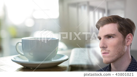 Man looking determined by window with coffee transition Man looking determined by window with coffee transition 43801021