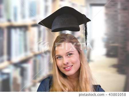 Student woman in education library with graduation hat 43801058