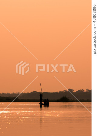 Men in a boat on a river silhouette 43808896