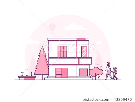 Two storey building - modern thin line design style vector illustration Two storey building - modern thin line design style vector illustration 43809470