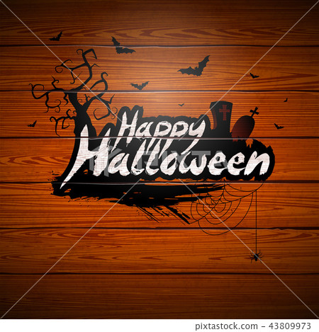 Happy Halloween vector illustration with typography lettering and cemetery on vintage wood 43809973