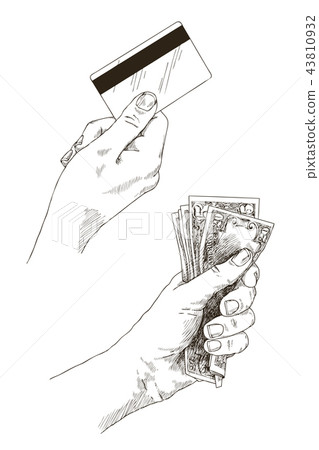 Doodle icons of hand holds banknotes and card isolated on background. Money euro, dollar. Symbols of 43810932