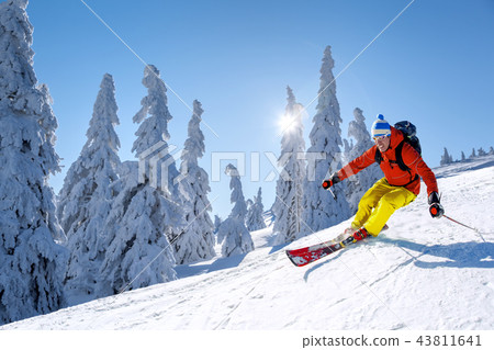 Skier skiing downhill in high mountains Skier skiing downhill in high mountains 43811641