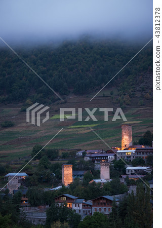 Night view of city Mestia from Medieval towers 43812378