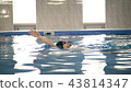 Beautiful professional swimmer swiming backstroke in the pool, camera dolly shot 43814347