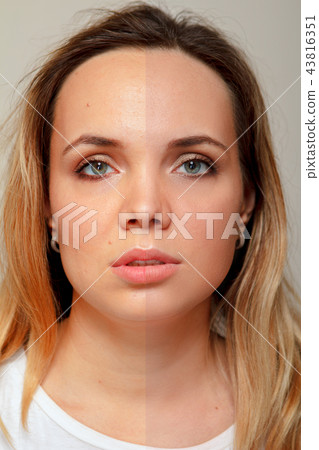 Retouch - face of beautiful woman before after. Retouch - face of beautiful woman before after. 43816351