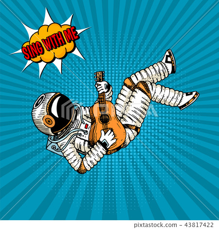 Pop art astronaut musician soaring with a guitar. Spaceman cosmonaut ...