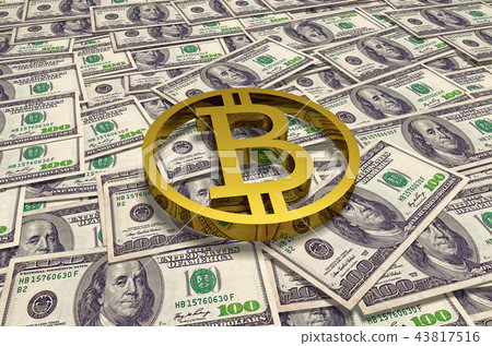 Gold bitcoin coin on background of hundred dollar banknotes on table. High quality 3D render Gold bitcoin coin on background of hundred dollar banknotes on table. High quality 3D render 43817516
