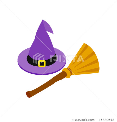 Witch hat and broom isometric 3d icon 43820658
