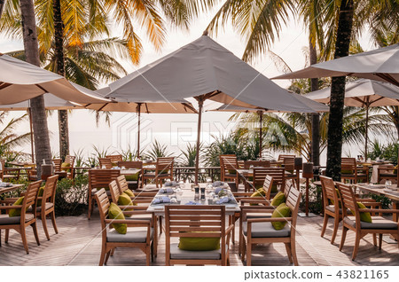 Sea view dinner table under tropical coconut trees Sea view dinner table under tropical coconut trees 43821165