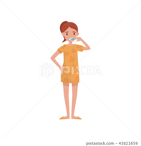 Girl brushing her teeth, beauty treatment, young woman taking care of herself vector Illustration on 43821659