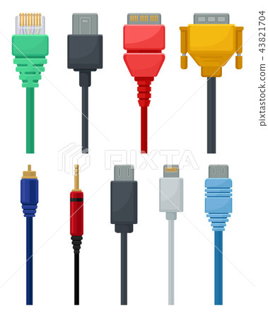 Flat vector set of colorful cables. Video and audio, USB, DVI and network data connector. Connection Flat vector set of colorful cables. Video and audio, USB, DVI and network data connector. Connection 43821704