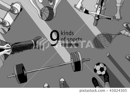 Different sports and athletes set top view grayscale Different sports and athletes set top view grayscale 43824305
