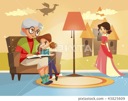Cartoon Grandmother Reading To Girl Stock Illustration 43825609 Pixta