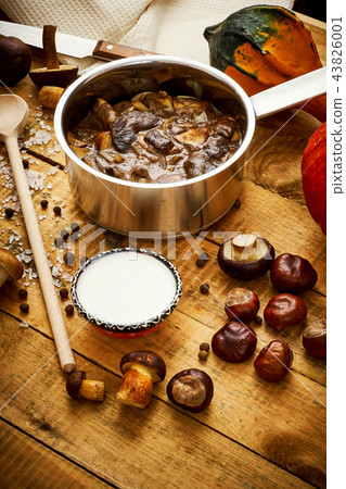 delicious brown mushrooms stewed in sour cream in a saucepan delicious brown mushrooms stewed in sour cream in a saucepan 43826001