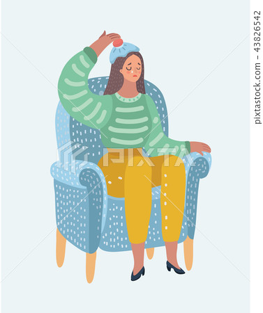 Woman with hot-water bottle on head. Headache. Woman with hot-water bottle on head. Headache. 43826542