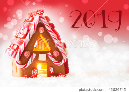 Gingerbread House, Red Background, Text 2019, Snow Gingerbread House, Red Background, Text 2019, Snow 43826745