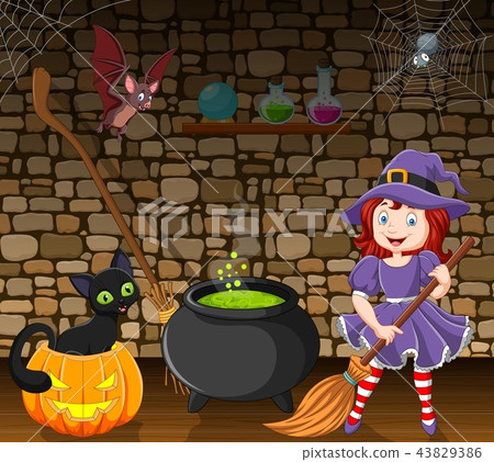 Cartoon little witch holding a broomstick in the r 43829386