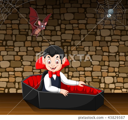 Cartoon happy vampire in his coffin 43829387