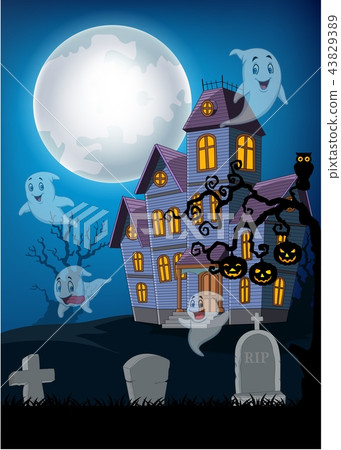 Haunted house and ghost with halloween background 43829389