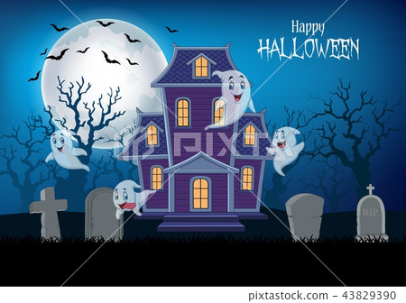 Haunted house and ghost with halloween background 43829390